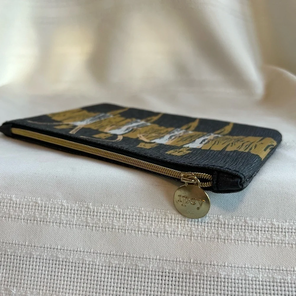 💄3/$12💄5/$15 ipsy Makeup Bag Black Gold Textured Vinyl Dancing‎ Lady EUC